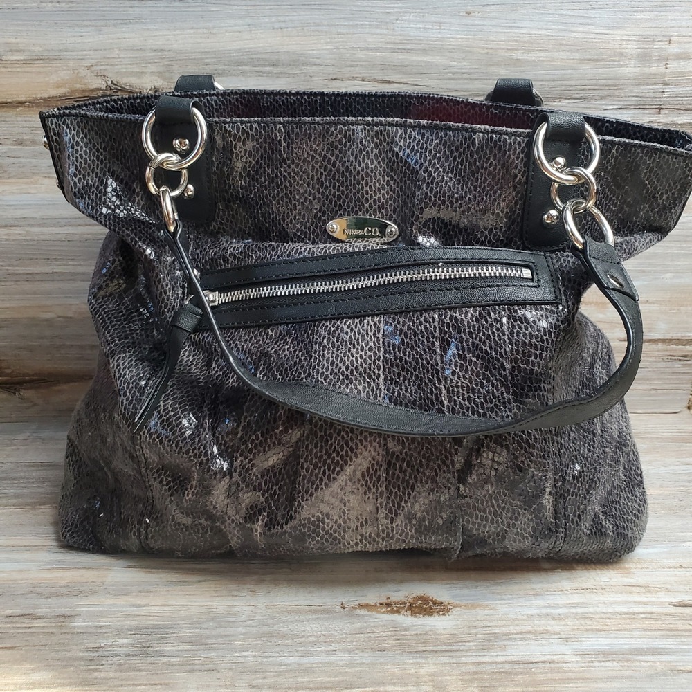 Nine & Co Metallic Snakeskin Print Shoulder Bag Black Grey Hobo Tote Zippered‎